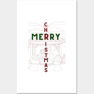 Merry Christmas Manger Scene Red Background Posters and Art